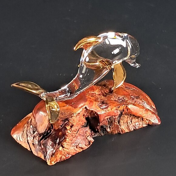 Glass Baron Clear Glass Dolphin Sculpture W 22 K Gold Accents On Burl Wood Base - Picture 3 of 10